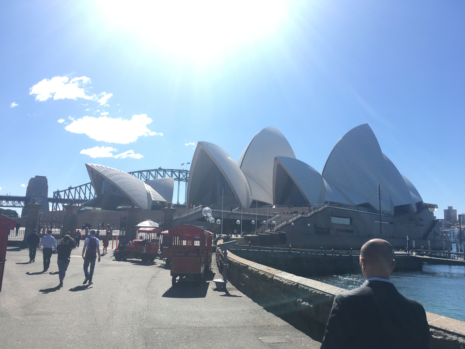 Sydney Opera House and Harbour Bridge with people walking.