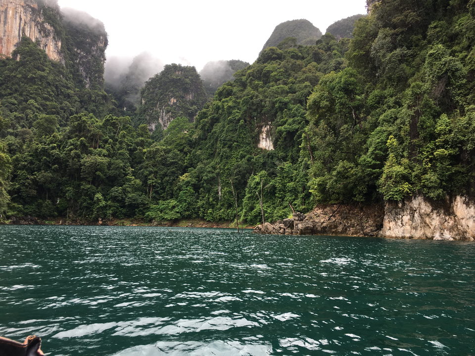 Scenic view of a lush green landscape meeting the water.