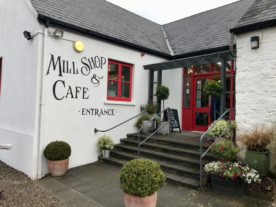 Entrée d'un café avec des plantes en pot.