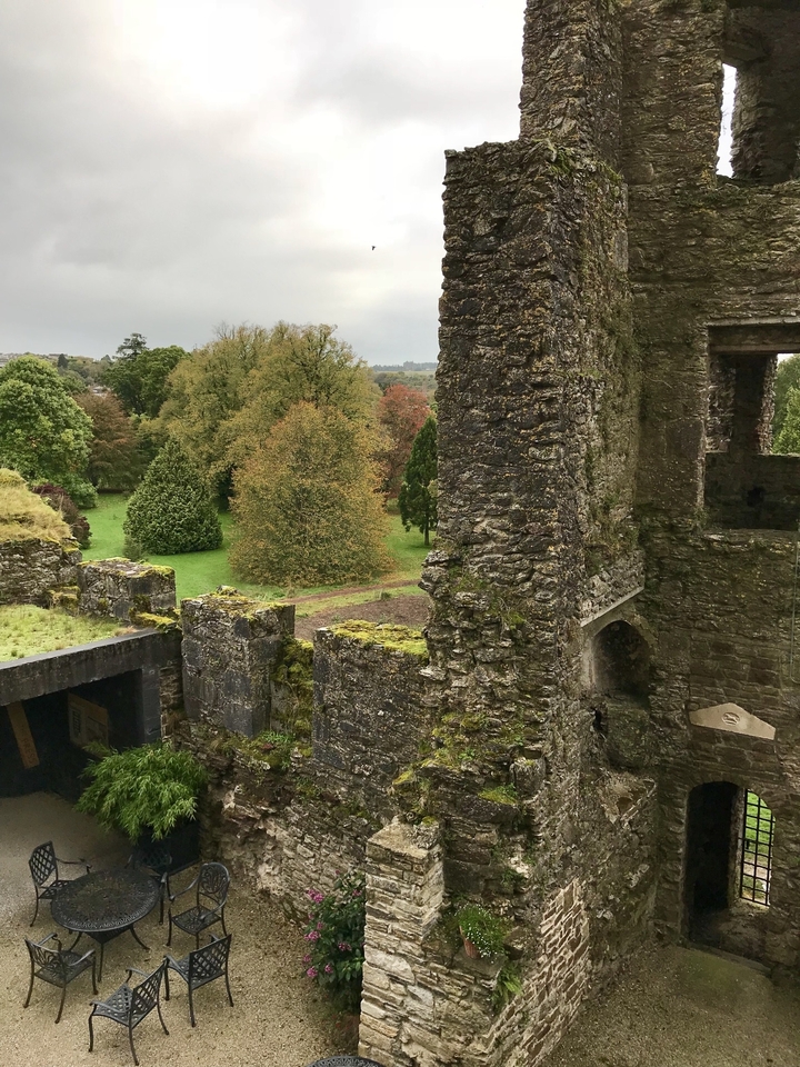 Ruines d'un château en pierre avec des arbres en arrière-plan.