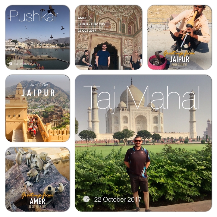 Collage de diverses photos avec texte, dont le Taj Mahal.
