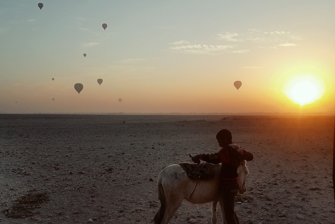 Des montgolfières et une personne à cheval au lever du soleil sur un terrain désertique.