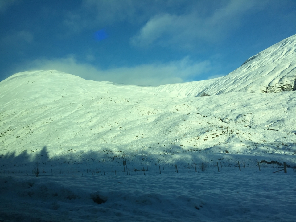 Paysage enneigé avec des ombres d'arbres.