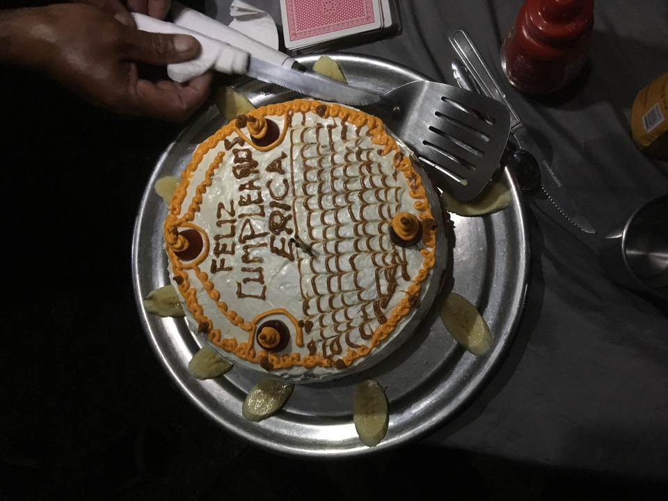 Gâteau d'anniversaire décoré sur une plaque métallique.