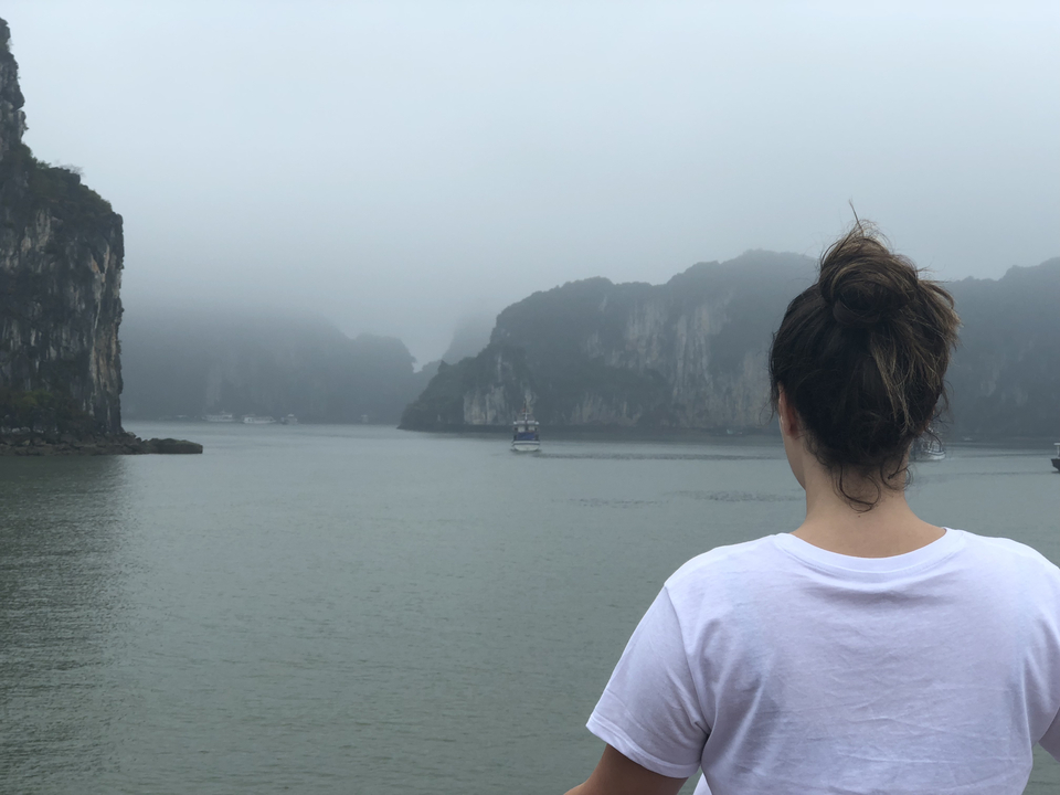 Personne regardant une baie brumeuse avec des formations calcaires.