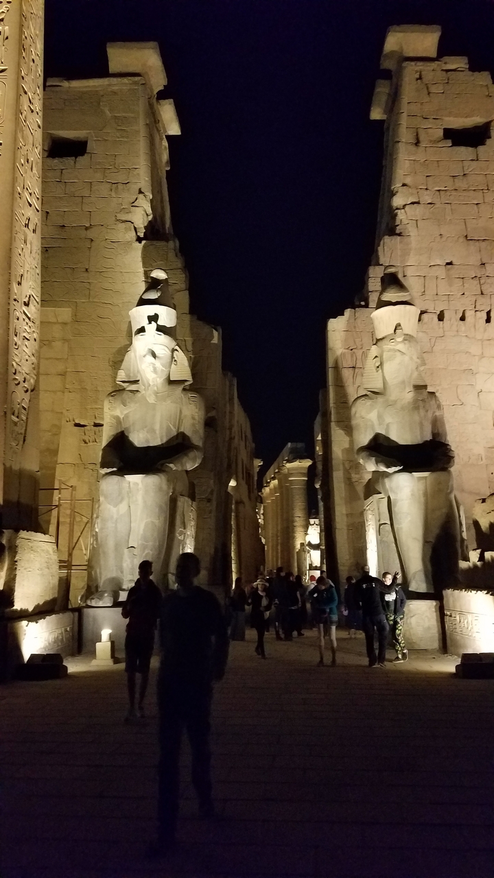 Statues égyptiennes illuminées la nuit.