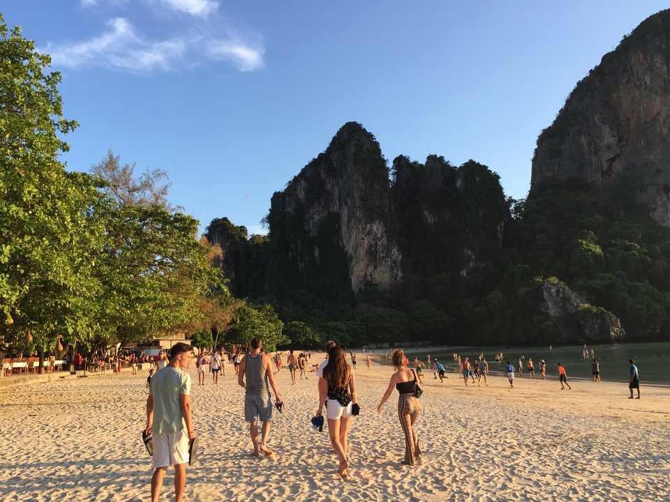 A bustling beach with people and greenery around.