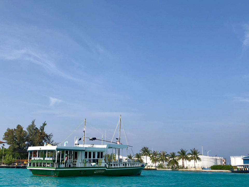 Petit bateau dont les mâts sont visibles sur le ciel avec des palmiers.