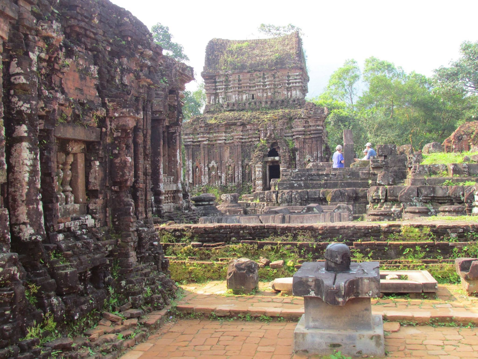 Ancient temple ruins with moss-covered bricks.