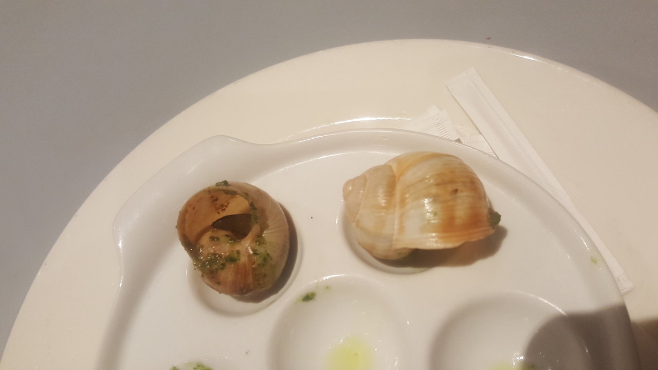 Plate with two escargot shells and parsley butter.