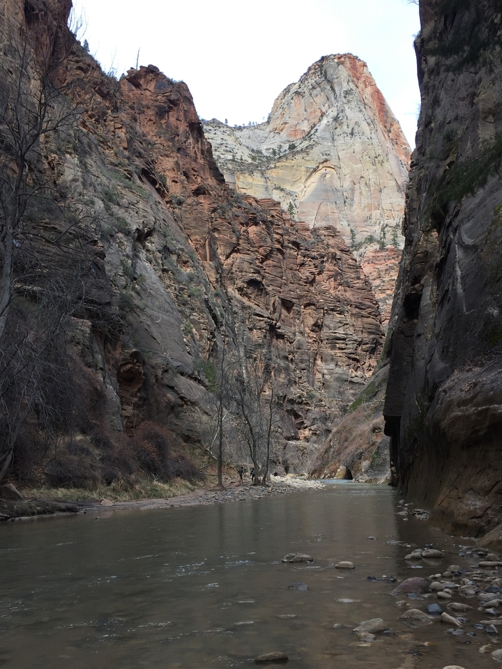 Canyon landscape with towering cliffs.