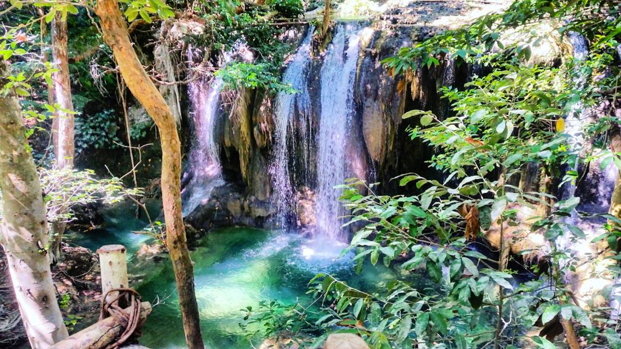 A serene waterfall surrounded by dense forest.
