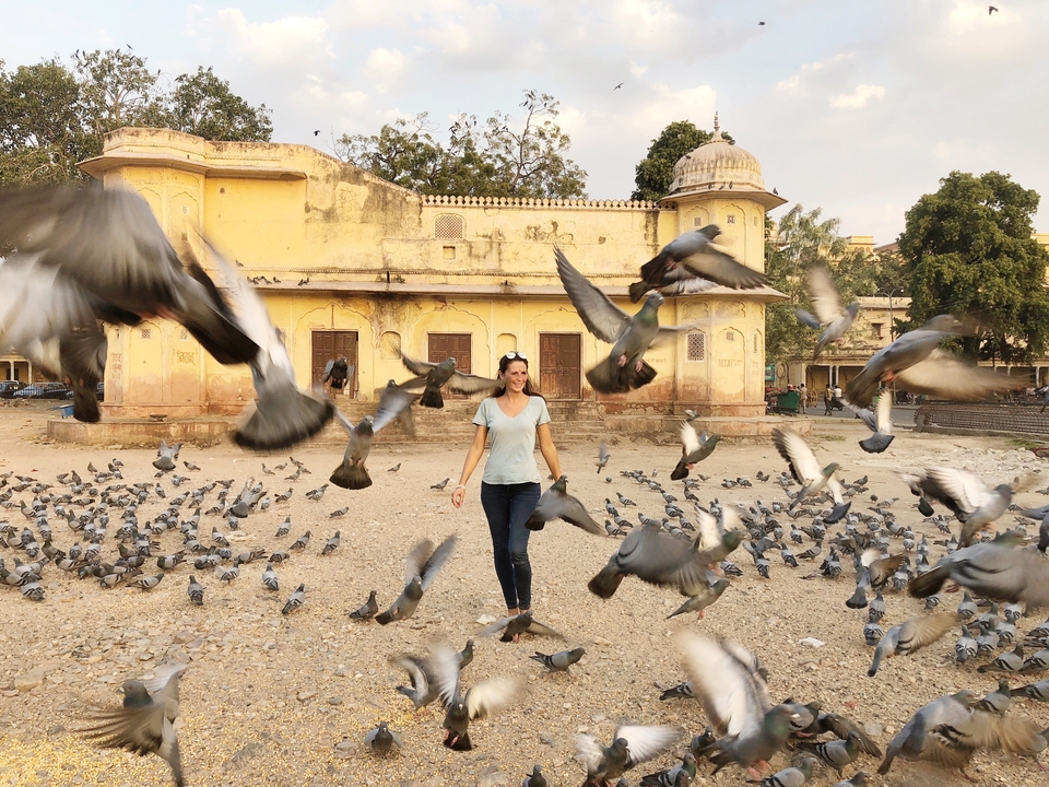 Une femme se promène parmi les pigeons près d'un vieux bâtiment.
