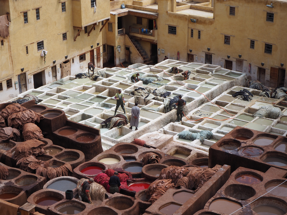 Tannery workers processing leather in Fes.