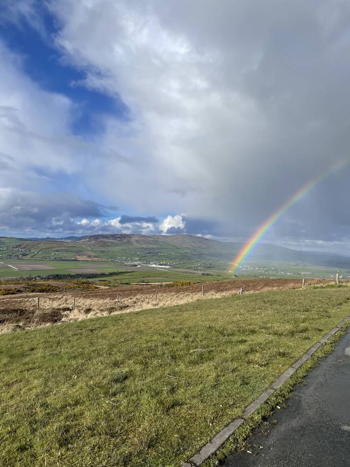 Arc-en-ciel au-dessus d'un paysage herbeux.