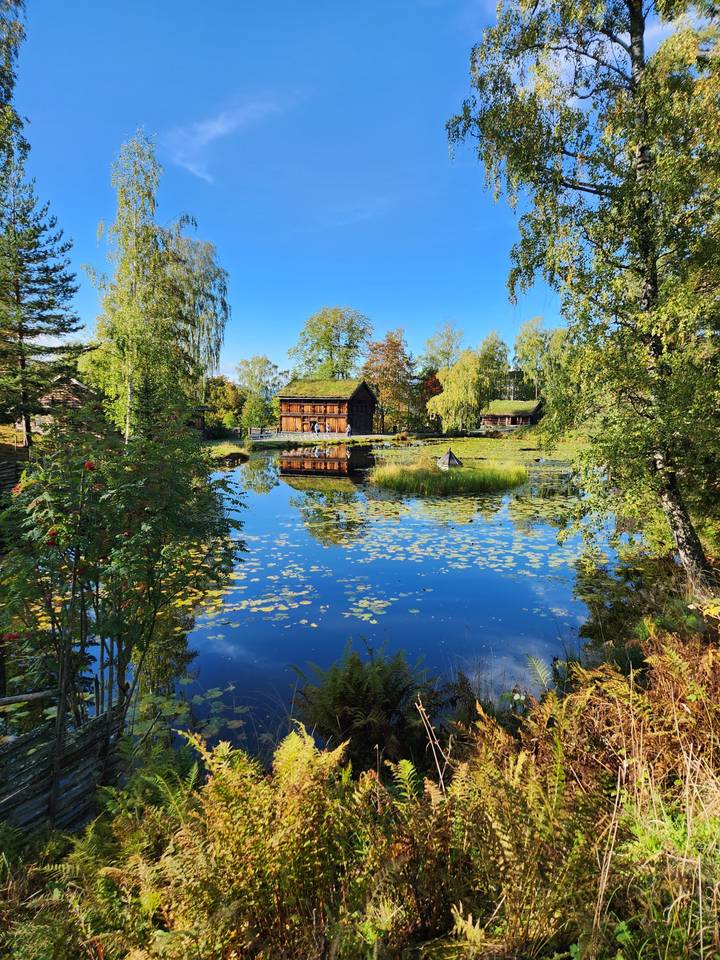 Une maison rurale reflétée dans un étang tranquille entouré d'arbres.
