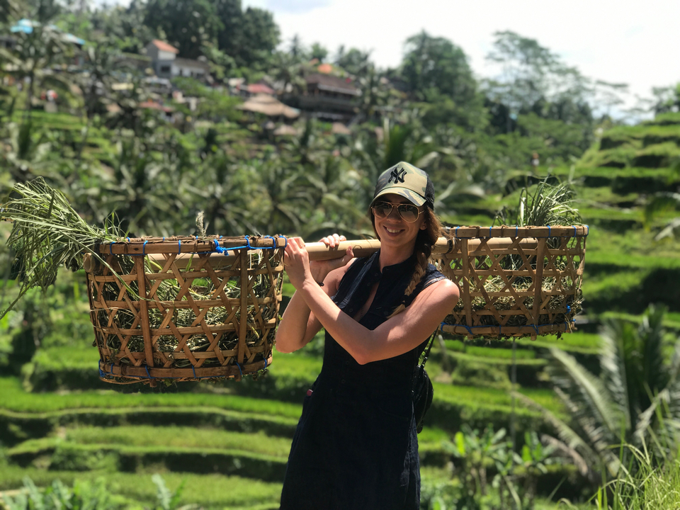 Woman carrying traditional baskets in a terraced landscape.