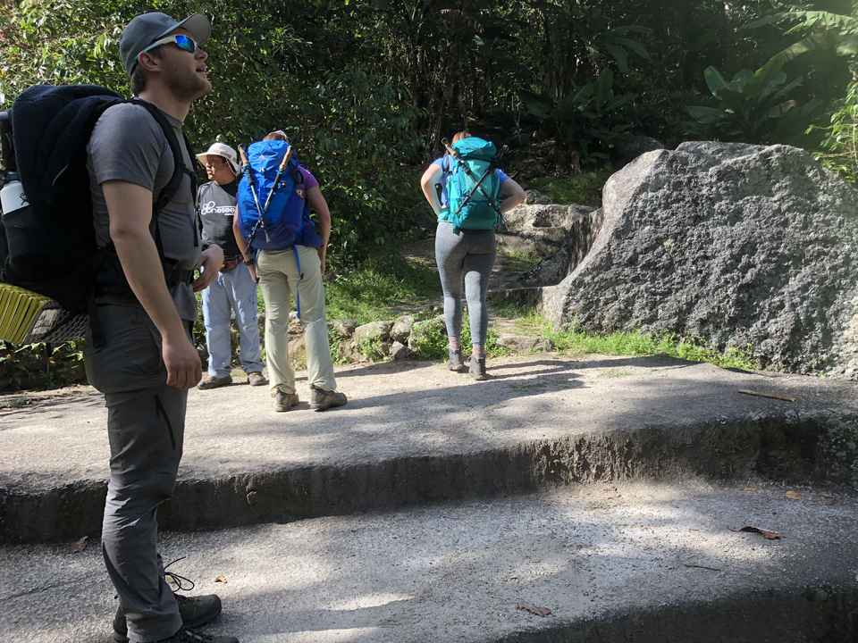 Randonneurs sur un chemin de pierre dans une zone boisée.