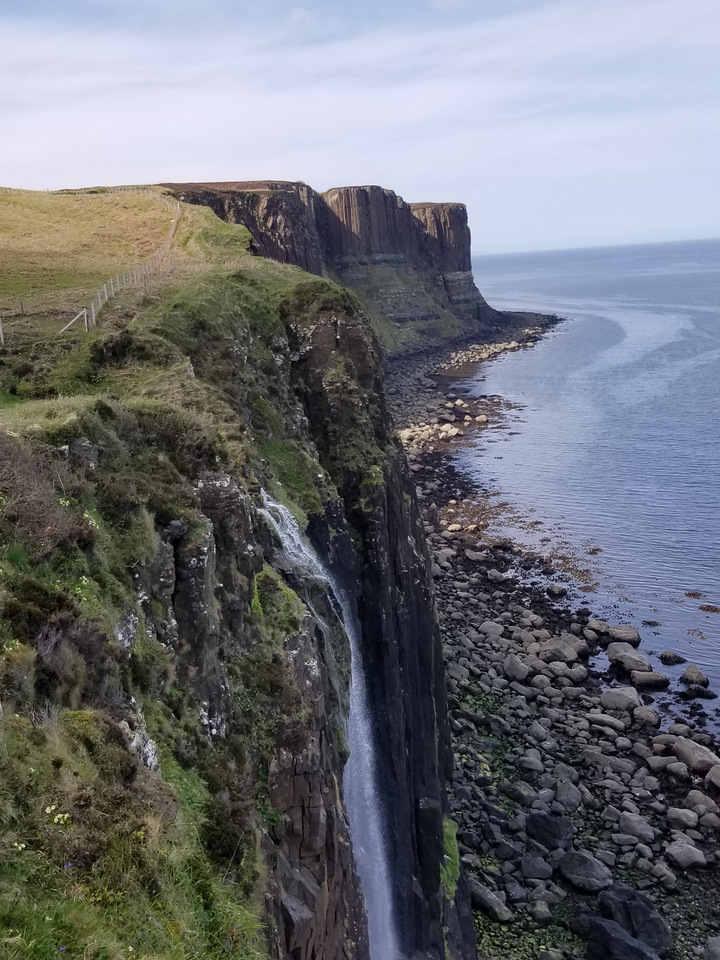 Coastal cliff with a small waterfall and rocky beach.