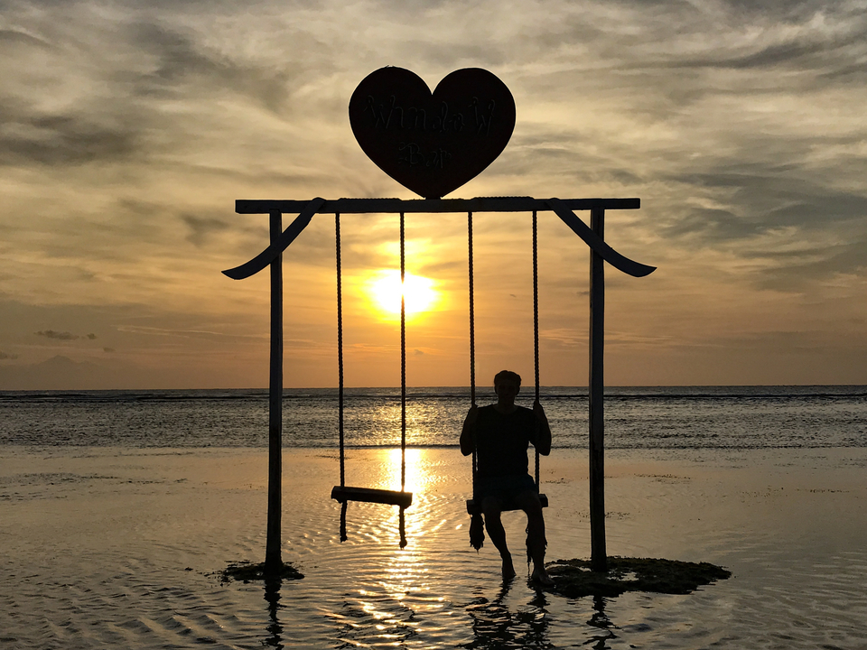 Person on a swing during sunset at the beach.
