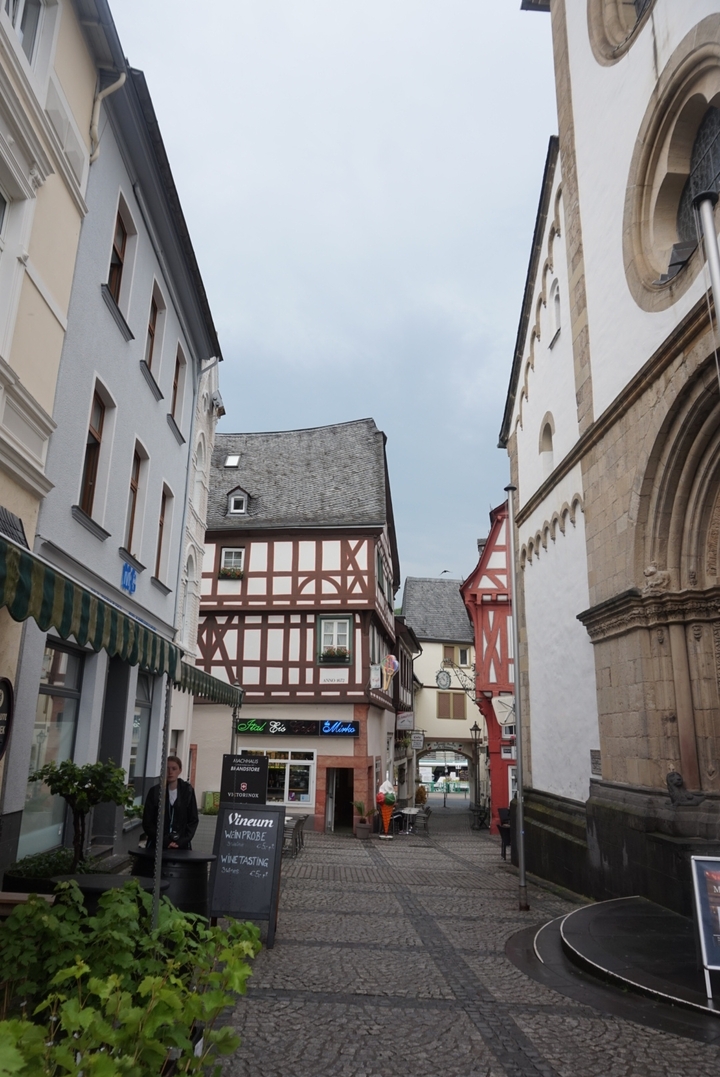 Charming street with half-timbered houses in a European town.