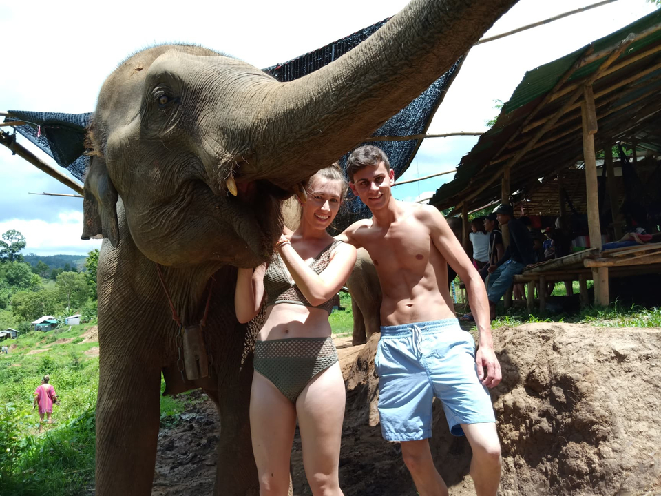Couple standing beside an elephant at a sanctuary.