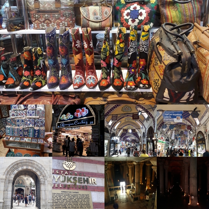 Collage d'images de marchés avec divers produits et enseignes.