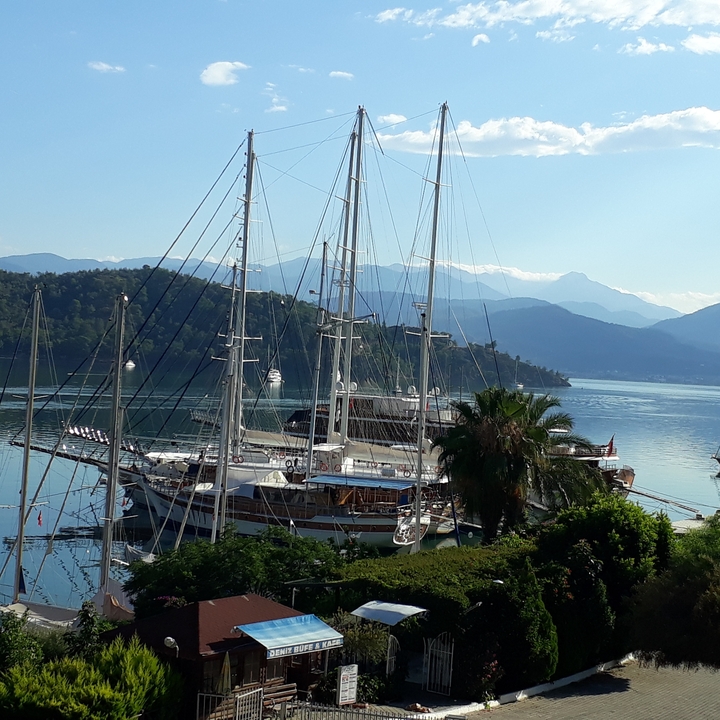 Port avec de grands voiliers traditionnels et montagnes pittoresques.
