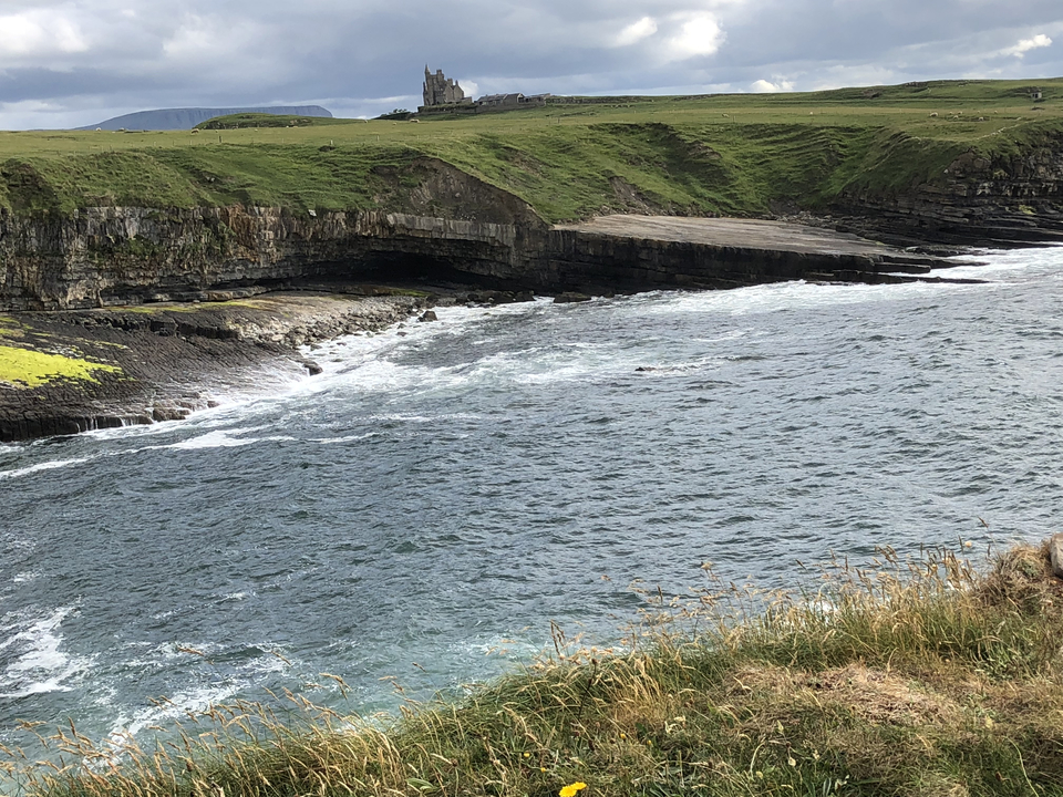 Rocky coastline with greenery on a cloudy day.