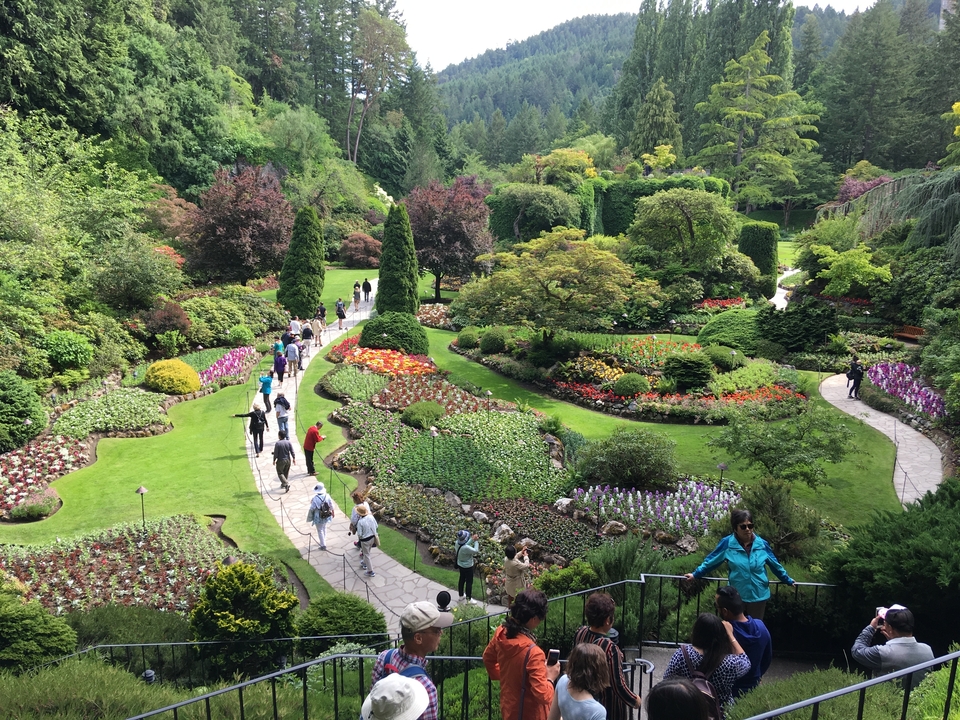 Vue aérienne des jardins Butchart avec des personnes marchant dans les allées.