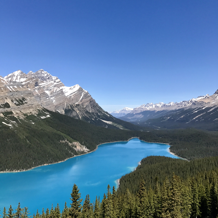 Bergige Landschaft mit einem leuchtend blauen See.