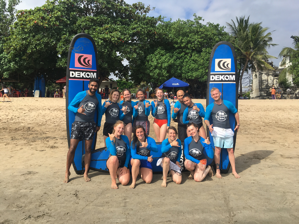 Group of people in surf gear posing on a beach.