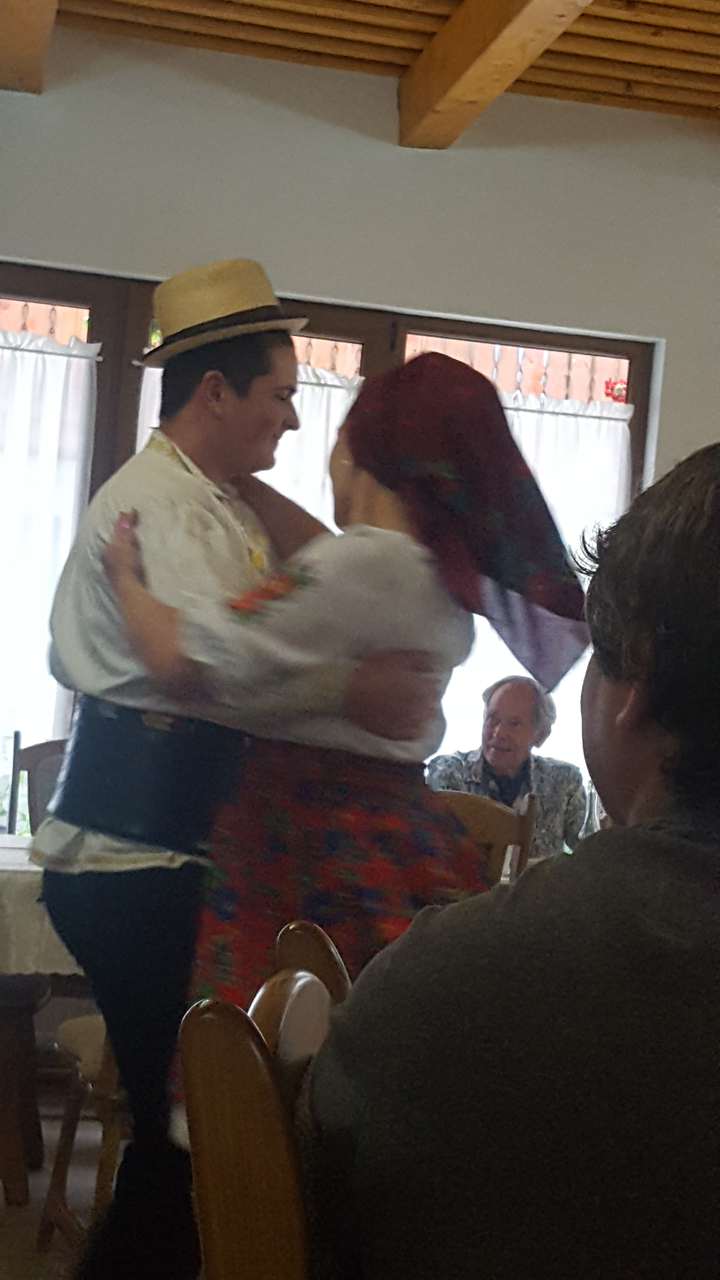 Image floue de personnes portant des vêtements traditionnels roumains en train de danser.