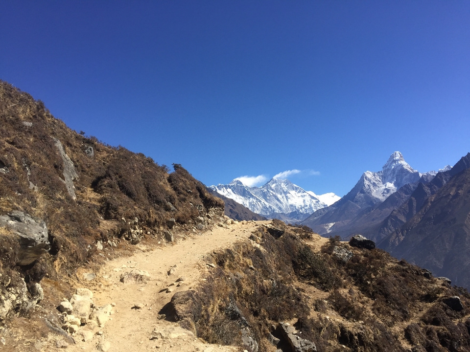 Sentier de montagne menant vers des sommets enneigés sous un ciel bleu dégagé.