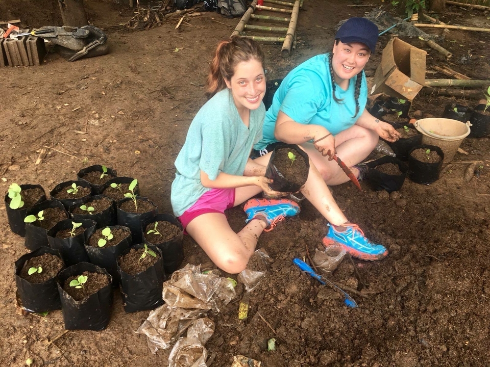 Deux personnes plantant des semis dans de petits pots en plein air.