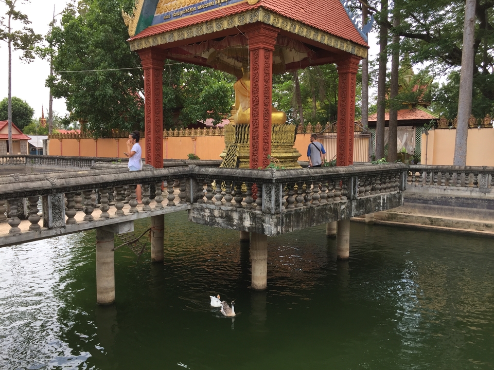 Des gens se promènent près d'une pagode avec des canards qui nagent dans l'eau en contrebas.