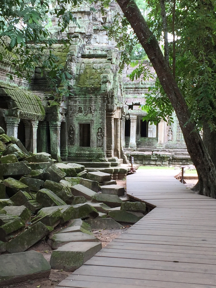 Ruines d'un temple antique recouvertes de mousse verte.