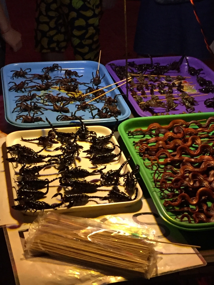 Plateaux de nourritures exotiques avec des scorpions et des serpents.