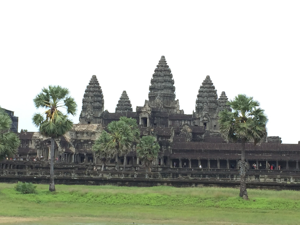Temple d'Angkor Vat avec des palmiers au premier plan.