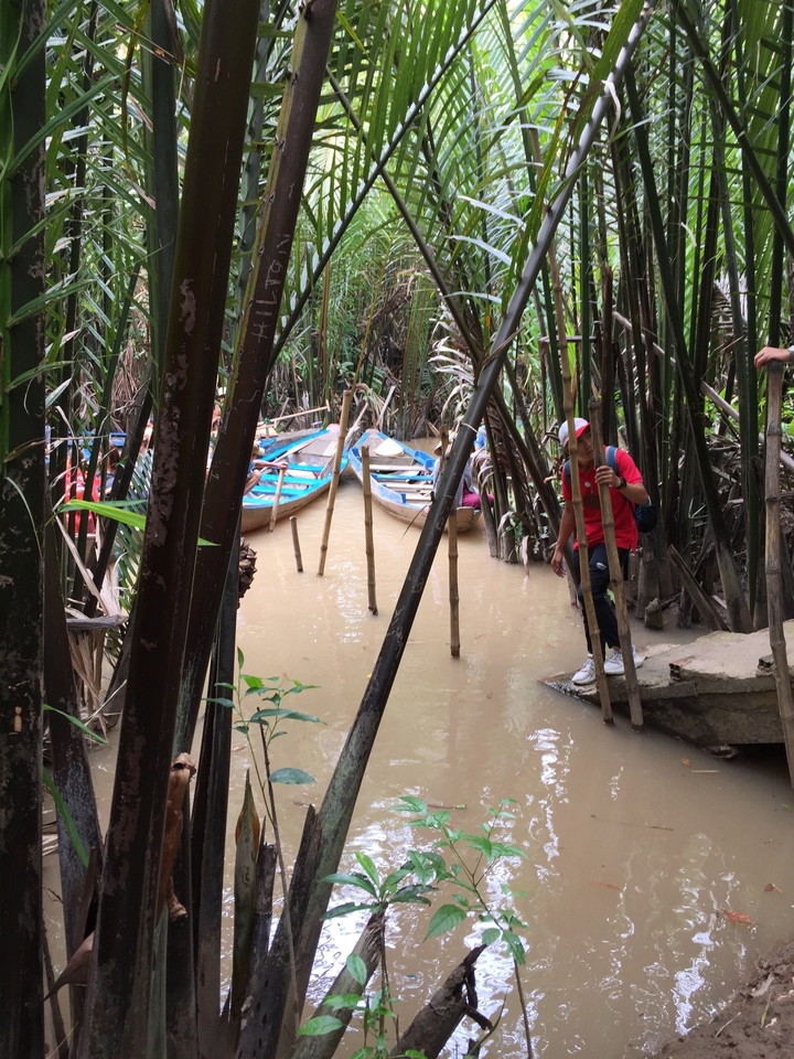 Des touristes dans un bateau naviguant sur une rivière étroite au milieu d'une végétation luxuriante.