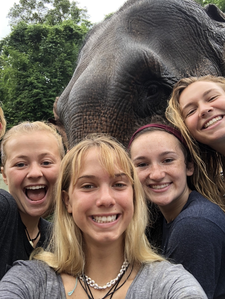 Group of smiling people with an elephant behind them.