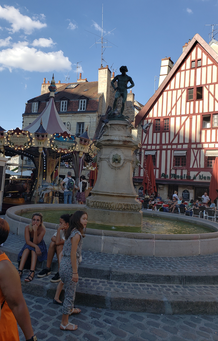 Place extérieure avec un carrousel et des gens autour d'une fontaine.