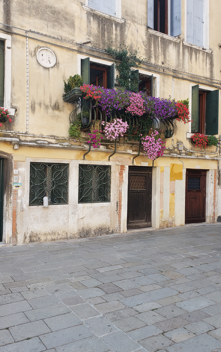 Façade de bâtiment avec des fleurs en pot et des portes fermées.