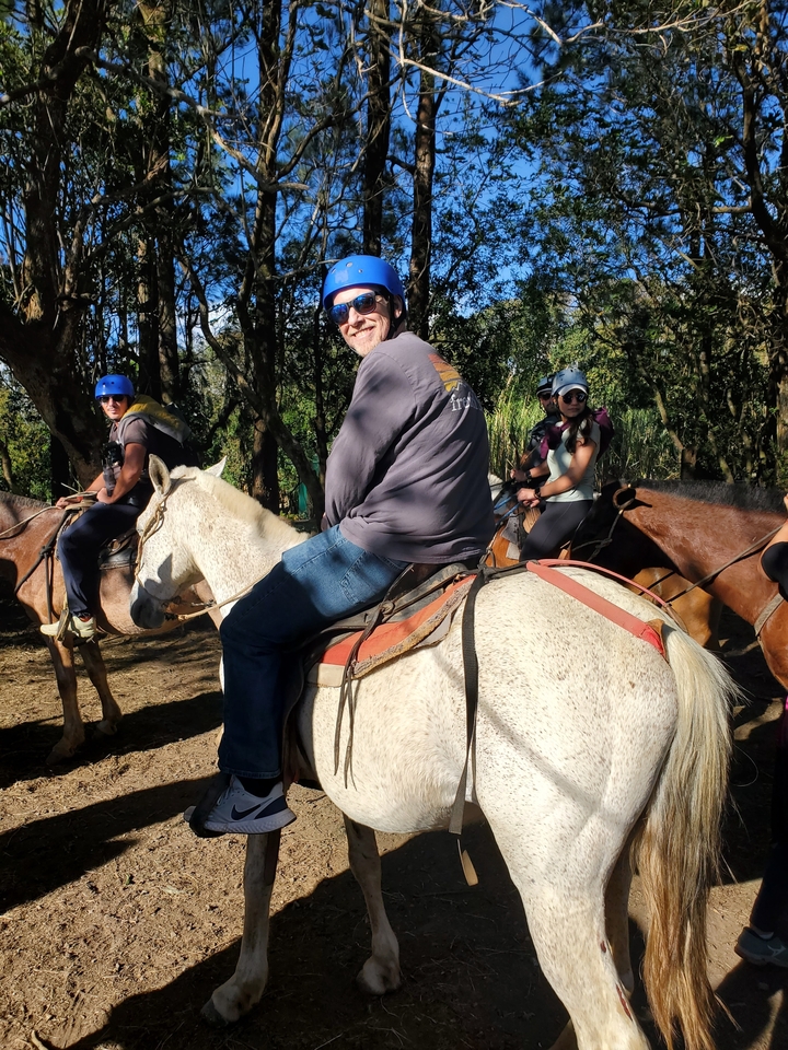 Des gens à cheval dans une zone boisée.