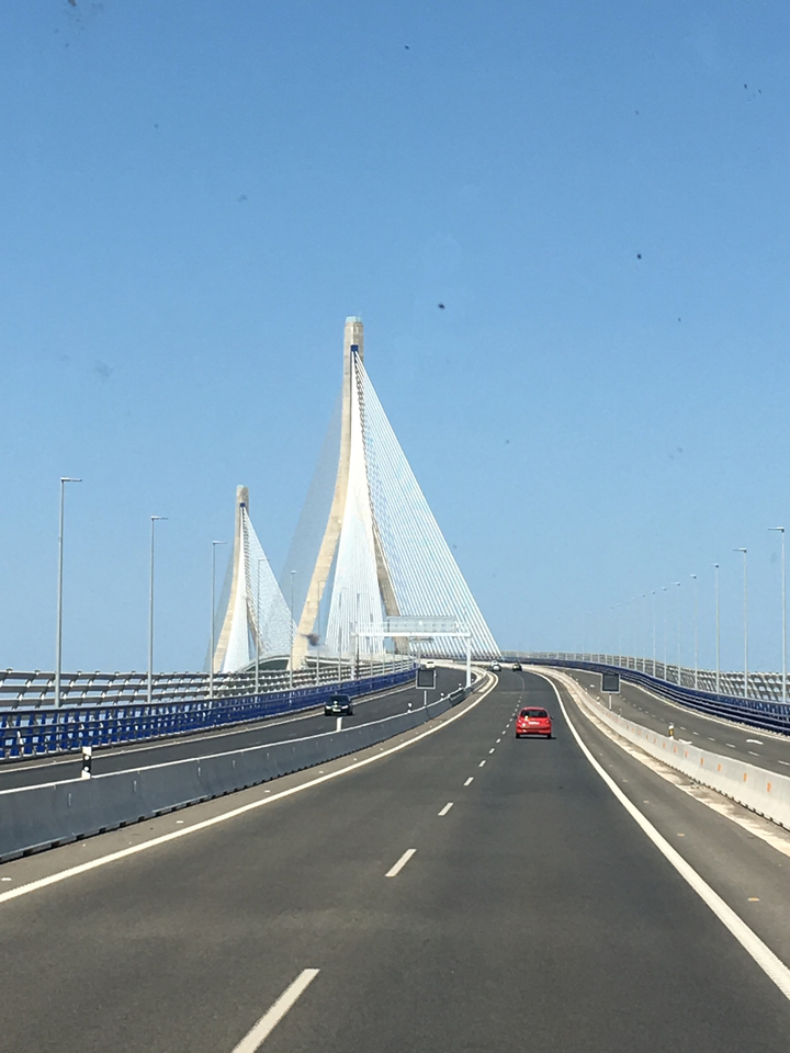 Pont moderne à haubans avec des véhicules sur la route.