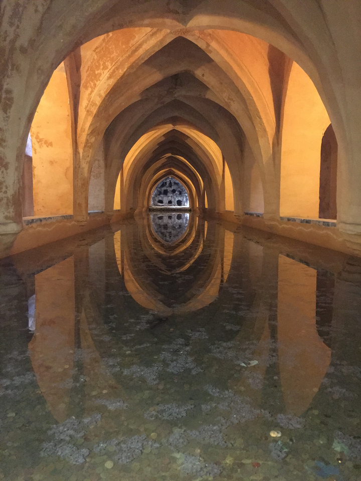 Arches architecturales reflétées dans l'eau dans un cadre historique.