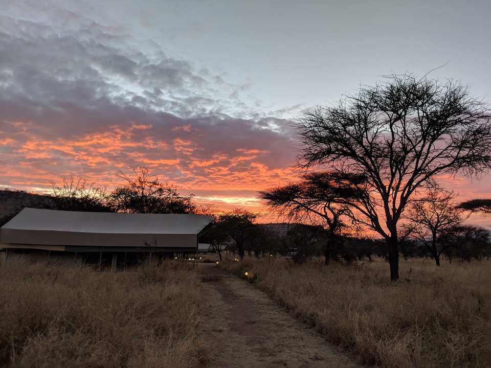 Un magnifique coucher de soleil au-dessus d'une zone de camping dans la savane.