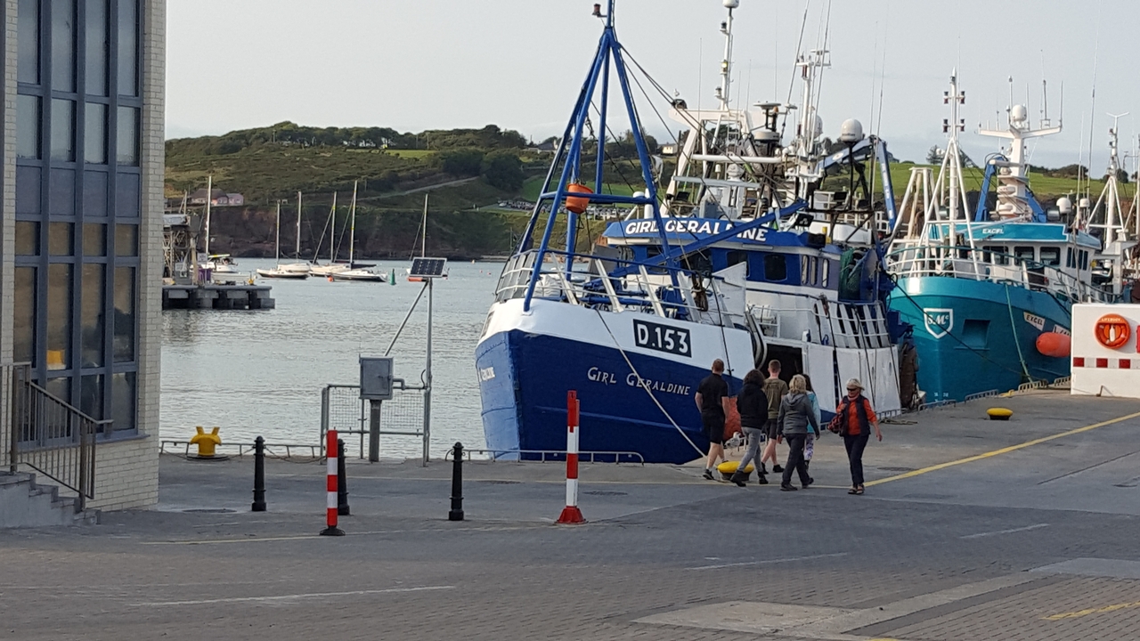 Des bateaux de pêche amarrés dans un port avec des gens qui se promènent à proximité.