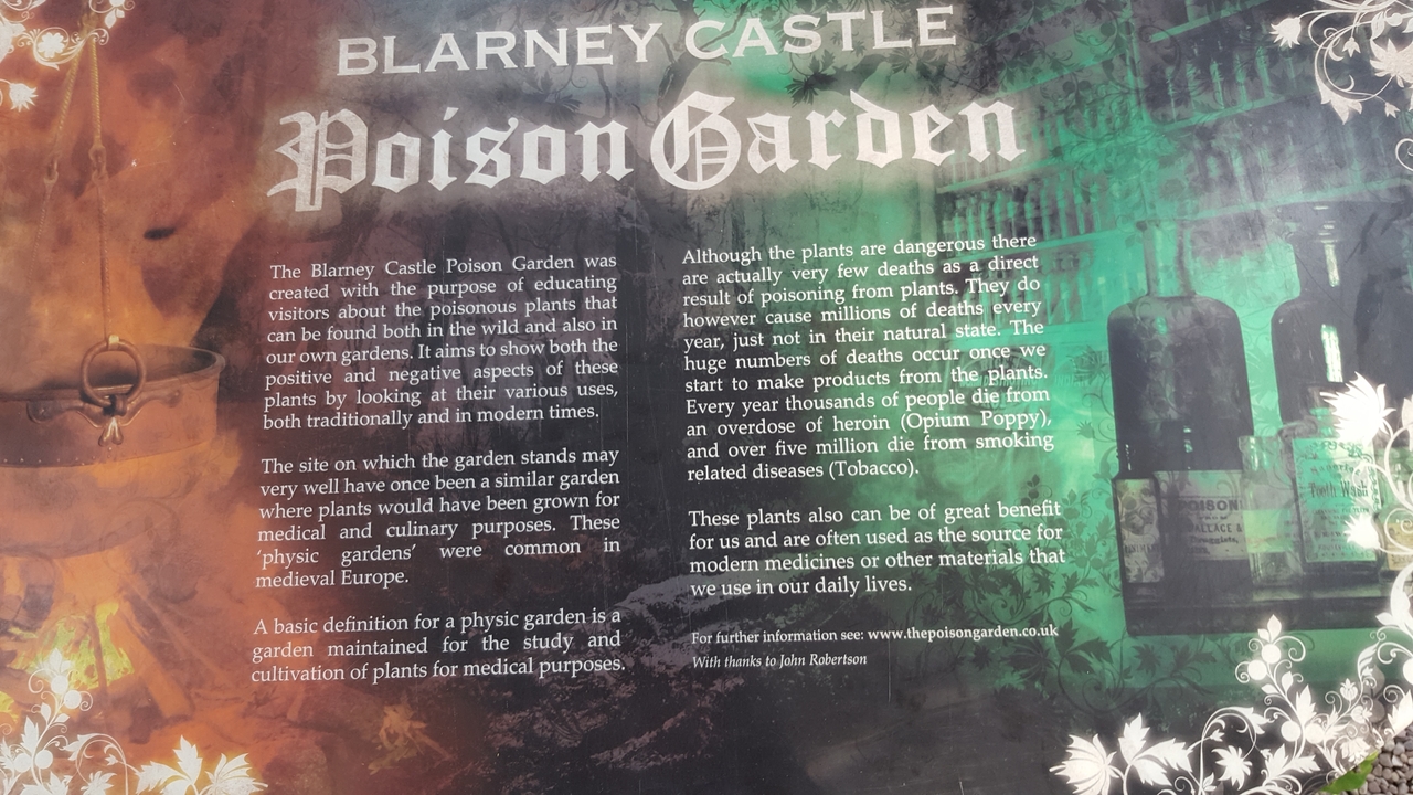 I'd be happy to help translate an informational sign about the 'Poison Garden' at Blarney Castle from English to French. However, I don't see the actual text of the sign in your message. 
Could you please provide the English text that you'd like me to translate? Once you share the content of the informational sign, I'll translate it into French for you.
For reference, "Poison Garden" would be "Jardin des Poisons" or "Jardin Empoisonné" in French, and "Blarney Castle" would be "Château de Blarn