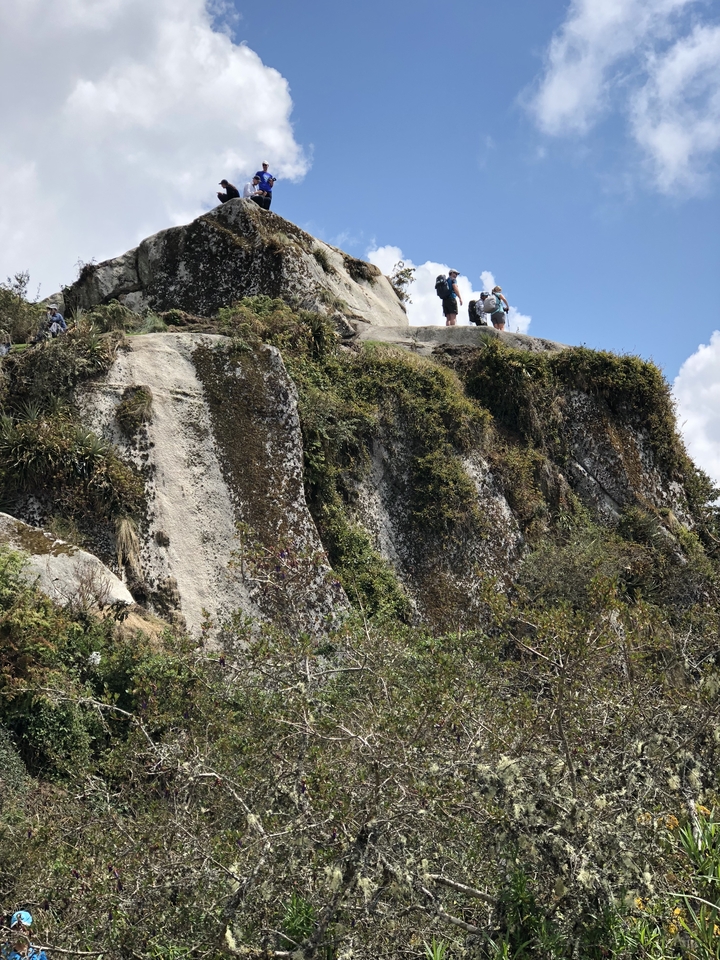 Grimpeurs sur un grand affleurement rocheux avec végétation.